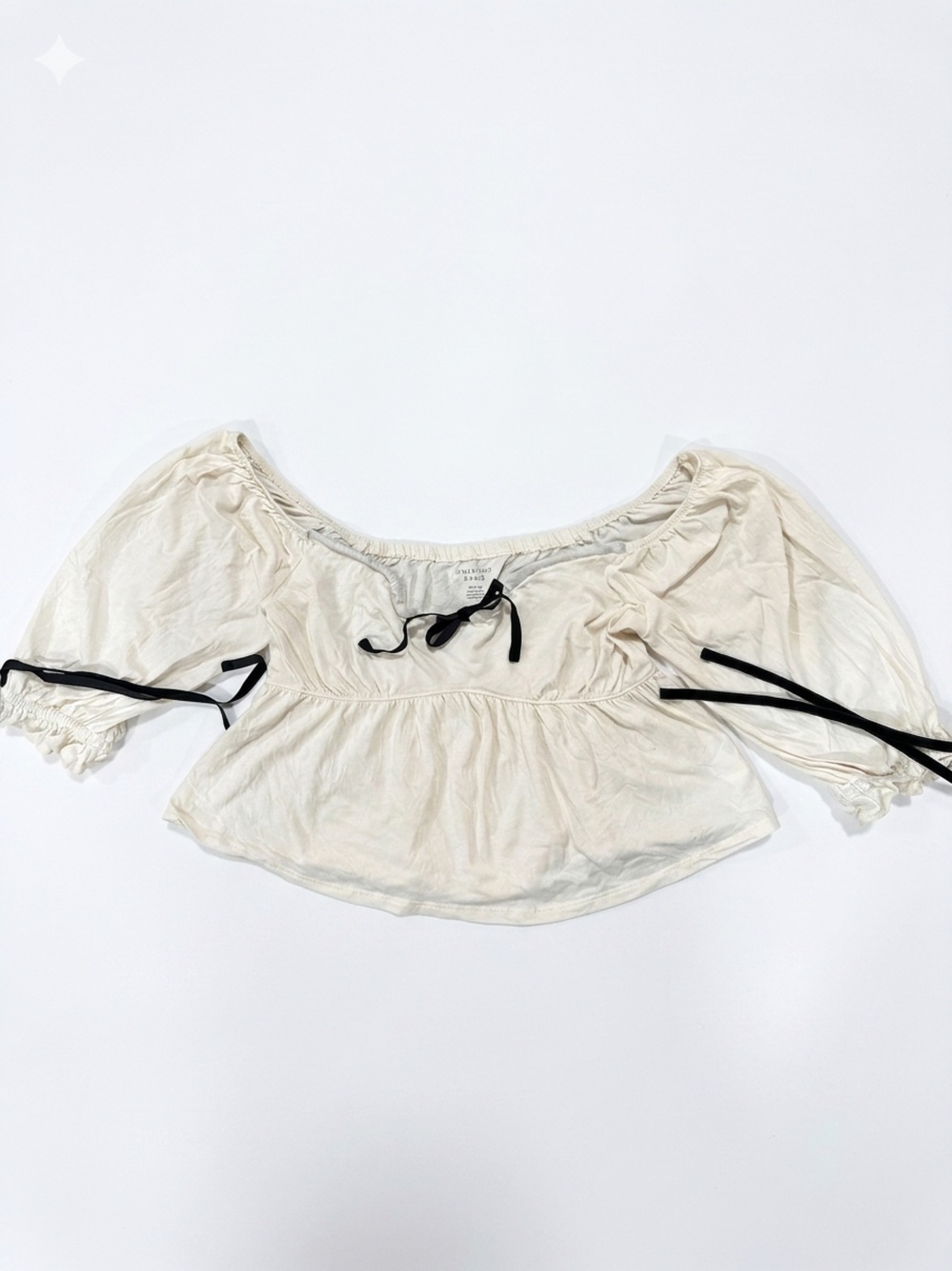 American Eagle Off the Shoulder Crop Boho Peasant Top Black Ribbon Bows Medium